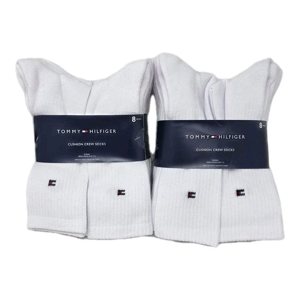 2pk Tommy Hilfiger Men's Casual Cushion Crew Sock (16 Pair) Fits Size 7-12 White